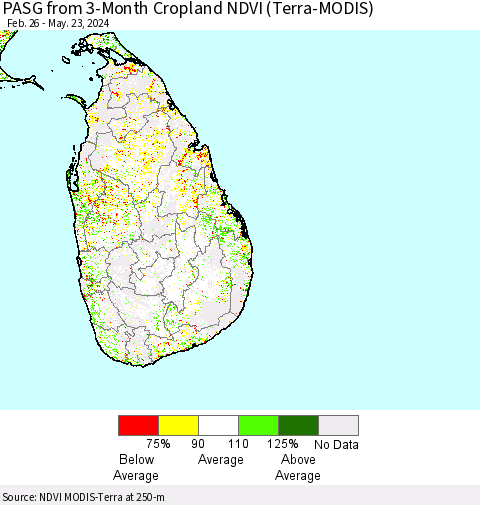 Sri Lanka PASG from 3-Month Cropland NDVI (Terra-MODIS) Thematic Map For 5/16/2024 - 5/23/2024