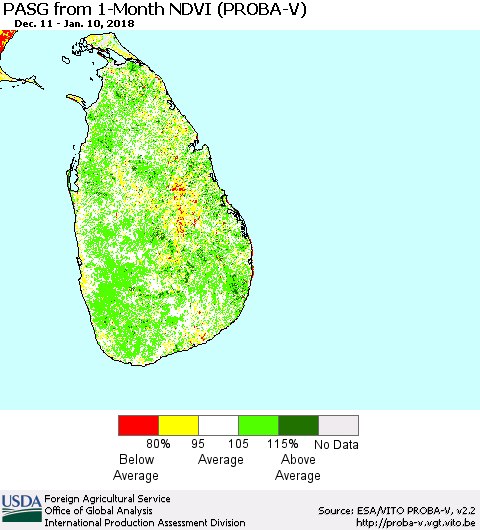 Sri Lanka PASG from 1-Month NDVI (PROBA-V) Thematic Map For 1/1/2018 - 1/10/2018