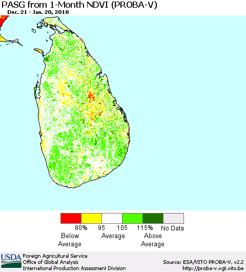 Sri Lanka PASG from 1-Month NDVI (PROBA-V) Thematic Map For 1/11/2018 - 1/20/2018