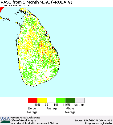 Sri Lanka PASG from 1-Month NDVI (PROBA-V) Thematic Map For 1/21/2018 - 1/31/2018