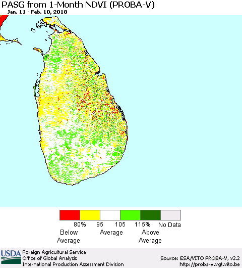 Sri Lanka PASG from 1-Month NDVI (PROBA-V) Thematic Map For 2/1/2018 - 2/10/2018