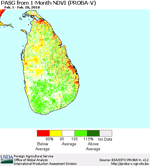 Sri Lanka PASG from 1-Month NDVI (PROBA-V) Thematic Map For 2/21/2018 - 2/28/2018