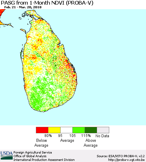 Sri Lanka PASG from 1-Month NDVI (PROBA-V) Thematic Map For 3/11/2018 - 3/20/2018