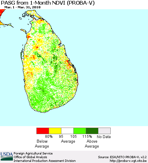 Sri Lanka PASG from 1-Month NDVI (PROBA-V) Thematic Map For 3/21/2018 - 3/31/2018