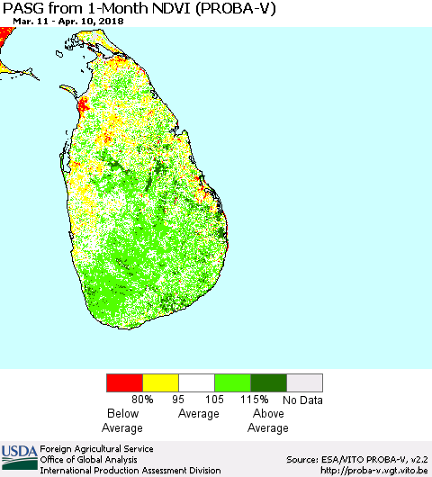 Sri Lanka PASG from 1-Month NDVI (PROBA-V) Thematic Map For 4/1/2018 - 4/10/2018