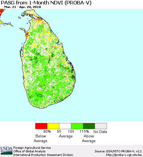 Sri Lanka PASG from 1-Month NDVI (PROBA-V) Thematic Map For 4/11/2018 - 4/20/2018