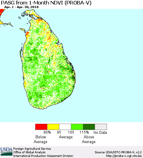 Sri Lanka PASG from 1-Month NDVI (PROBA-V) Thematic Map For 4/21/2018 - 4/30/2018