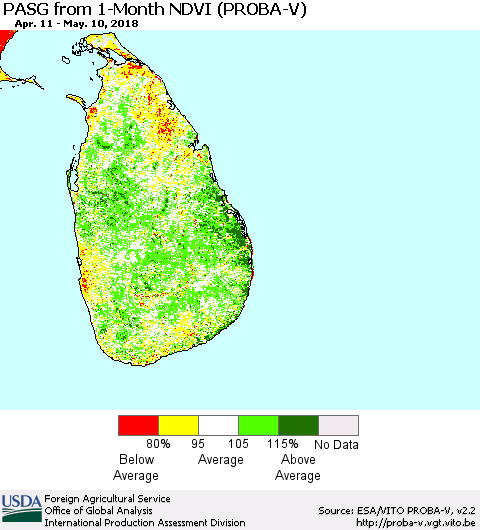 Sri Lanka PASG from 1-Month NDVI (PROBA-V) Thematic Map For 5/1/2018 - 5/10/2018