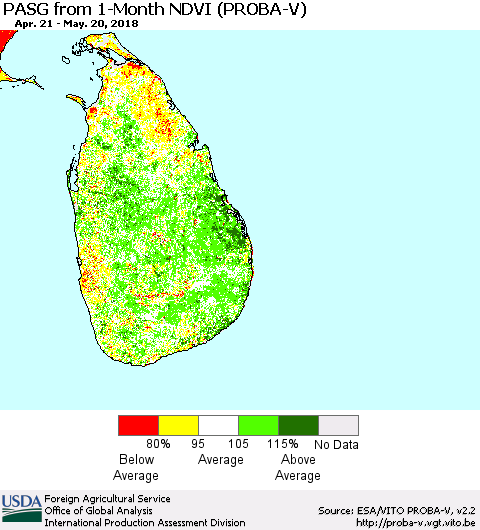 Sri Lanka PASG from 1-Month NDVI (PROBA-V) Thematic Map For 5/11/2018 - 5/20/2018