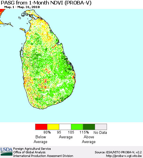 Sri Lanka PASG from 1-Month NDVI (PROBA-V) Thematic Map For 5/21/2018 - 5/31/2018