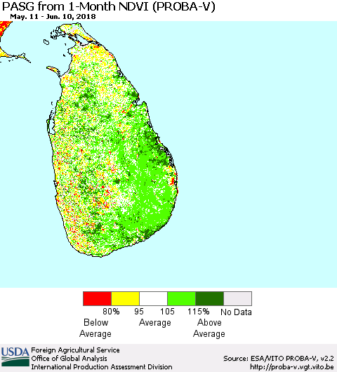 Sri Lanka PASG from 1-Month NDVI (PROBA-V) Thematic Map For 6/1/2018 - 6/10/2018