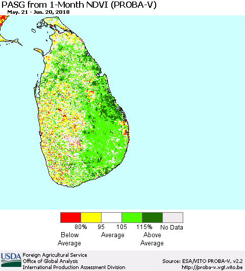 Sri Lanka PASG from 1-Month NDVI (PROBA-V) Thematic Map For 6/11/2018 - 6/20/2018