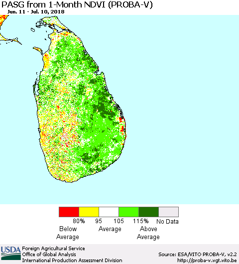 Sri Lanka PASG from 1-Month NDVI (PROBA-V) Thematic Map For 7/1/2018 - 7/10/2018