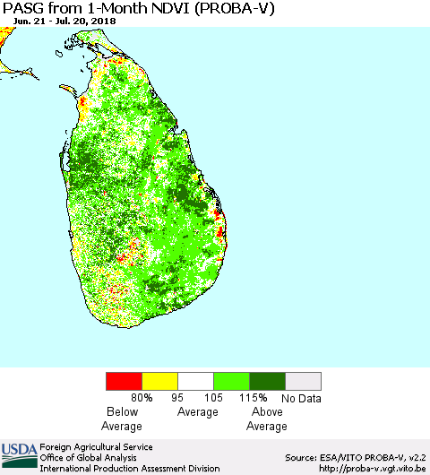 Sri Lanka PASG from 1-Month NDVI (PROBA-V) Thematic Map For 7/11/2018 - 7/20/2018