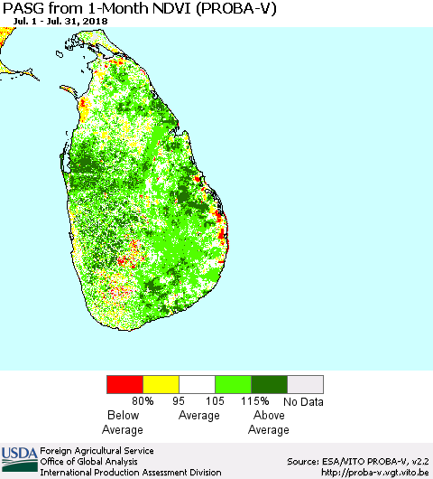 Sri Lanka PASG from 1-Month NDVI (PROBA-V) Thematic Map For 7/21/2018 - 7/31/2018