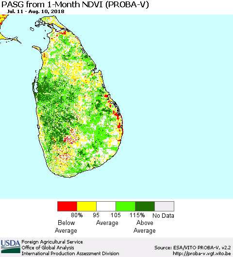 Sri Lanka PASG from 1-Month NDVI (PROBA-V) Thematic Map For 8/1/2018 - 8/10/2018