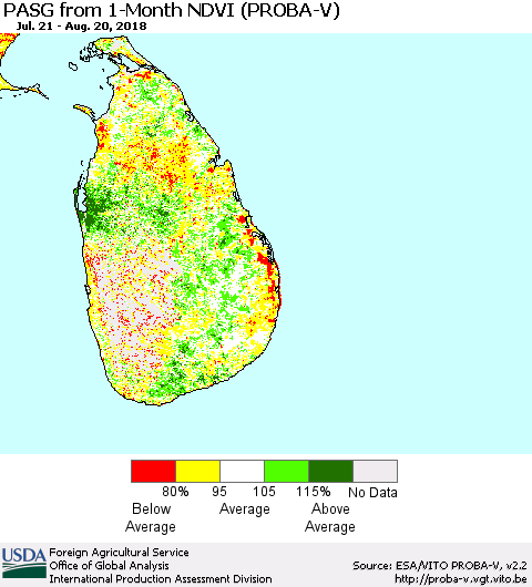 Sri Lanka PASG from 1-Month NDVI (PROBA-V) Thematic Map For 8/11/2018 - 8/20/2018
