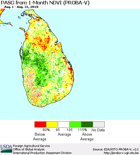 Sri Lanka PASG from 1-Month NDVI (PROBA-V) Thematic Map For 8/21/2018 - 8/31/2018