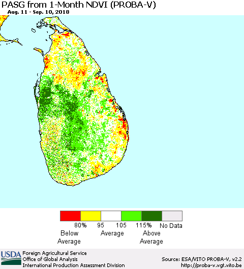 Sri Lanka PASG from 1-Month NDVI (PROBA-V) Thematic Map For 9/1/2018 - 9/10/2018