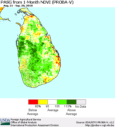Sri Lanka PASG from 1-Month NDVI (PROBA-V) Thematic Map For 9/11/2018 - 9/20/2018