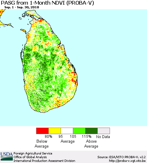 Sri Lanka PASG from 1-Month NDVI (PROBA-V) Thematic Map For 9/21/2018 - 9/30/2018