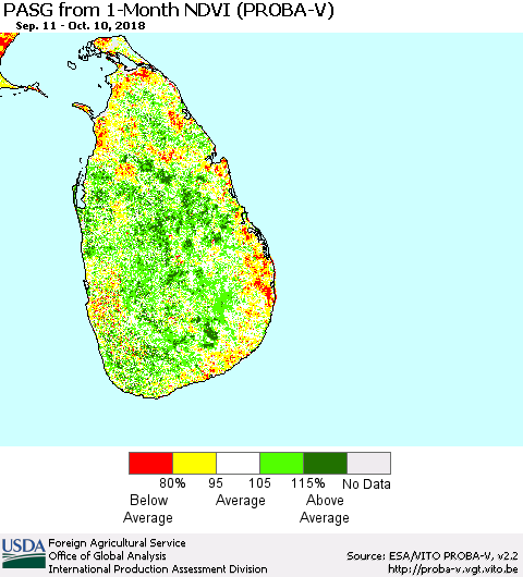 Sri Lanka PASG from 1-Month NDVI (PROBA-V) Thematic Map For 10/1/2018 - 10/10/2018