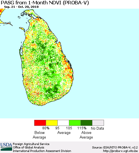 Sri Lanka PASG from 1-Month NDVI (PROBA-V) Thematic Map For 10/11/2018 - 10/20/2018