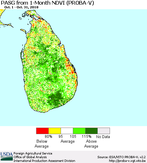 Sri Lanka PASG from 1-Month NDVI (PROBA-V) Thematic Map For 10/21/2018 - 10/31/2018