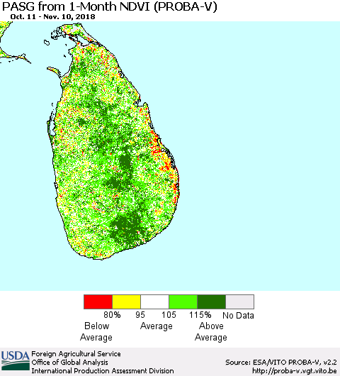 Sri Lanka PASG from 1-Month NDVI (PROBA-V) Thematic Map For 11/1/2018 - 11/10/2018