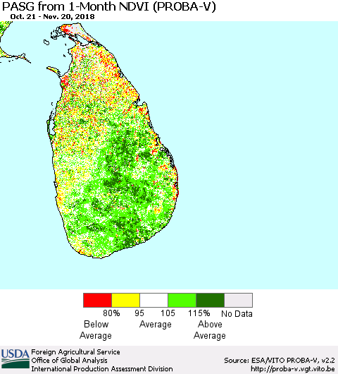 Sri Lanka PASG from 1-Month NDVI (PROBA-V) Thematic Map For 11/11/2018 - 11/20/2018