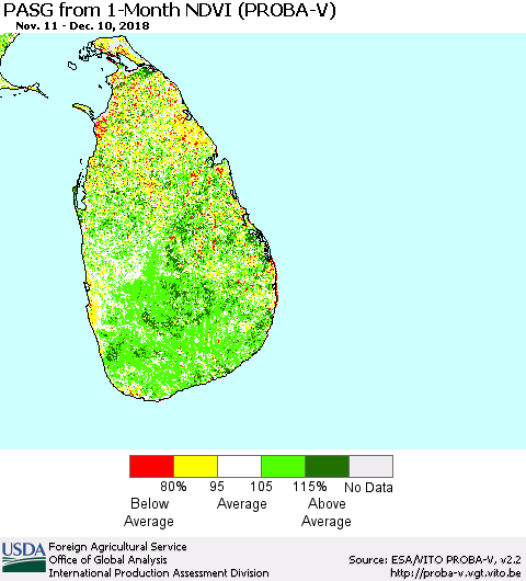 Sri Lanka PASG from 1-Month NDVI (PROBA-V) Thematic Map For 12/1/2018 - 12/10/2018