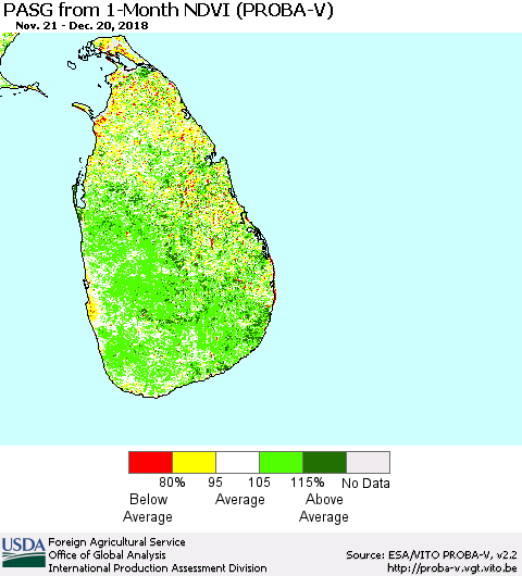 Sri Lanka PASG from 1-Month NDVI (PROBA-V) Thematic Map For 12/11/2018 - 12/20/2018