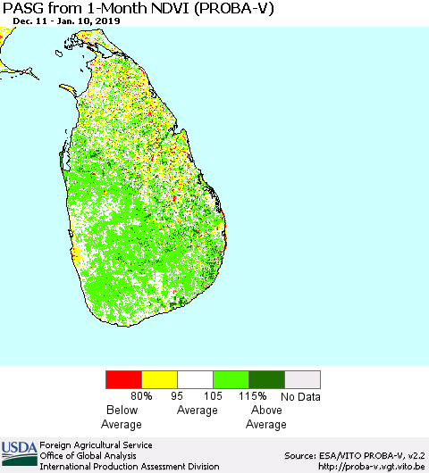 Sri Lanka PASG from 1-Month NDVI (PROBA-V) Thematic Map For 1/1/2019 - 1/10/2019
