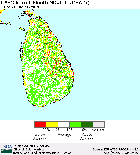 Sri Lanka PASG from 1-Month NDVI (PROBA-V) Thematic Map For 1/11/2019 - 1/20/2019