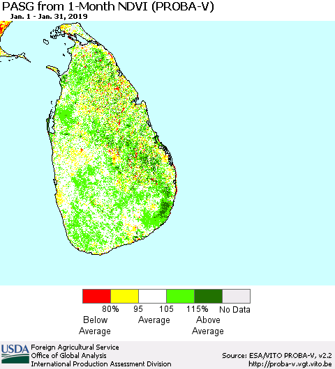 Sri Lanka PASG from 1-Month NDVI (PROBA-V) Thematic Map For 1/21/2019 - 1/31/2019