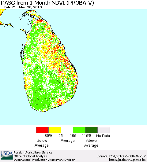 Sri Lanka PASG from 1-Month NDVI (PROBA-V) Thematic Map For 3/11/2019 - 3/20/2019