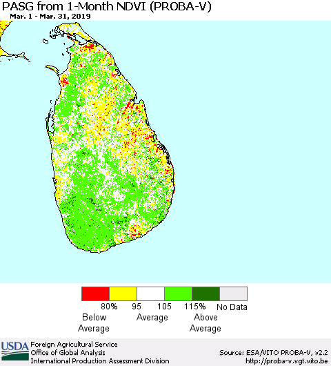 Sri Lanka PASG from 1-Month NDVI (PROBA-V) Thematic Map For 3/21/2019 - 3/31/2019