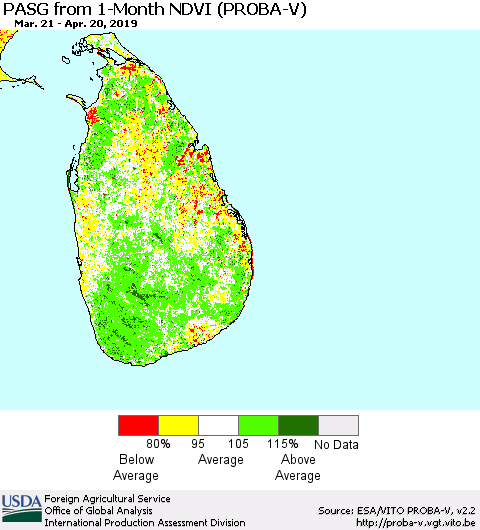 Sri Lanka PASG from 1-Month NDVI (PROBA-V) Thematic Map For 4/11/2019 - 4/20/2019