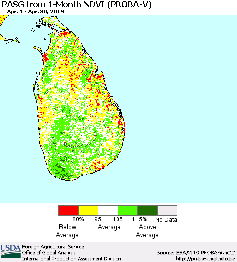 Sri Lanka PASG from 1-Month NDVI (PROBA-V) Thematic Map For 4/21/2019 - 4/30/2019