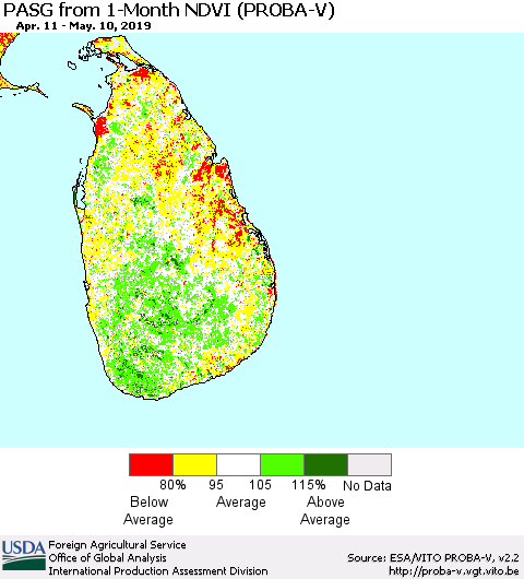 Sri Lanka PASG from 1-Month NDVI (PROBA-V) Thematic Map For 5/1/2019 - 5/10/2019