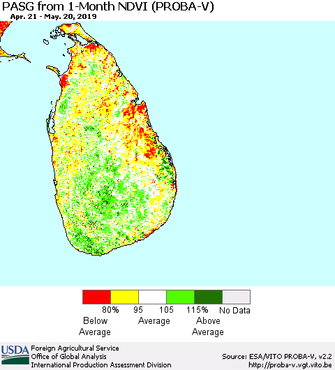 Sri Lanka PASG from 1-Month NDVI (PROBA-V) Thematic Map For 5/11/2019 - 5/20/2019