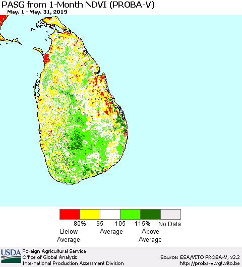 Sri Lanka PASG from 1-Month NDVI (PROBA-V) Thematic Map For 5/21/2019 - 5/31/2019