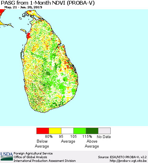 Sri Lanka PASG from 1-Month NDVI (PROBA-V) Thematic Map For 6/11/2019 - 6/20/2019