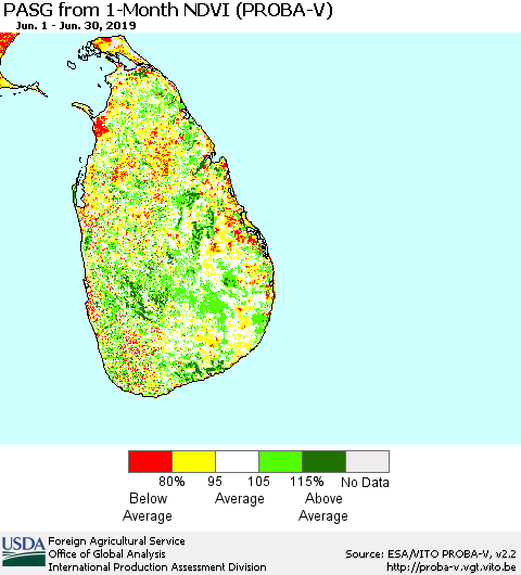 Sri Lanka PASG from 1-Month NDVI (PROBA-V) Thematic Map For 6/21/2019 - 6/30/2019