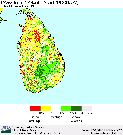 Sri Lanka PASG from 1-Month NDVI (PROBA-V) Thematic Map For 8/1/2019 - 8/10/2019