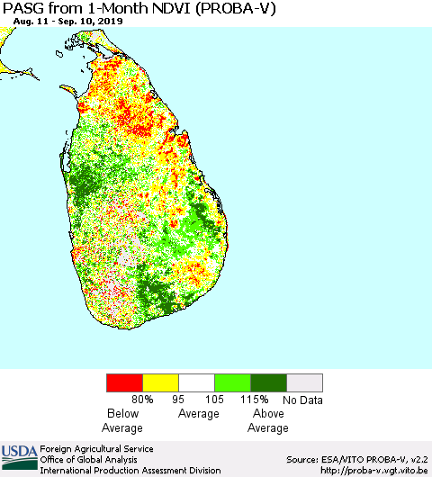 Sri Lanka PASG from 1-Month NDVI (PROBA-V) Thematic Map For 9/1/2019 - 9/10/2019