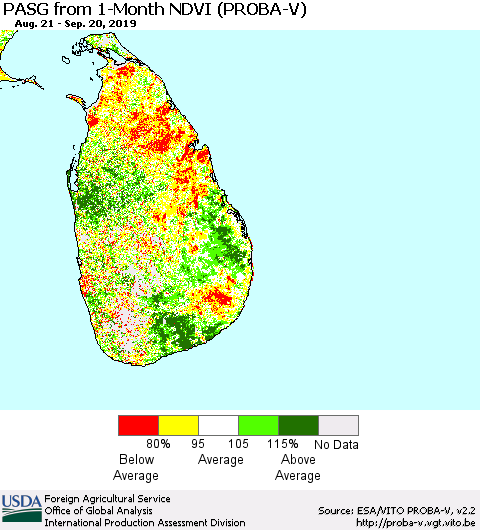Sri Lanka PASG from 1-Month NDVI (PROBA-V) Thematic Map For 9/11/2019 - 9/20/2019