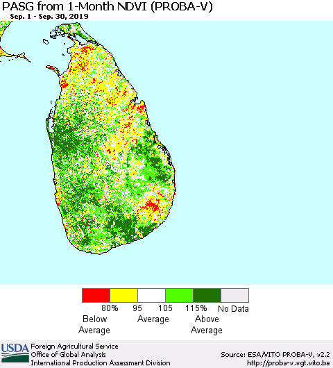 Sri Lanka PASG from 1-Month NDVI (PROBA-V) Thematic Map For 9/21/2019 - 9/30/2019