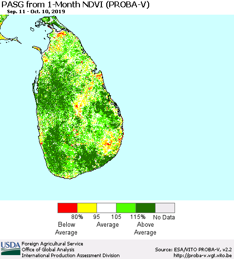 Sri Lanka PASG from 1-Month NDVI (PROBA-V) Thematic Map For 10/1/2019 - 10/10/2019