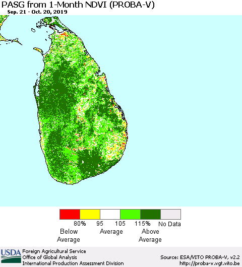 Sri Lanka PASG from 1-Month NDVI (PROBA-V) Thematic Map For 10/11/2019 - 10/20/2019